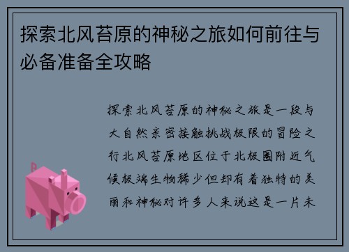 探索北风苔原的神秘之旅如何前往与必备准备全攻略