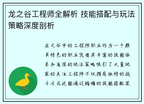 龙之谷工程师全解析 技能搭配与玩法策略深度剖析