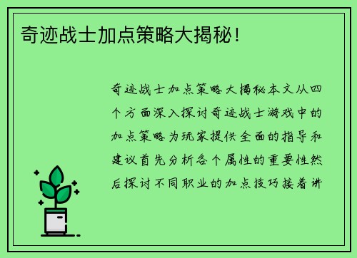 奇迹战士加点策略大揭秘！